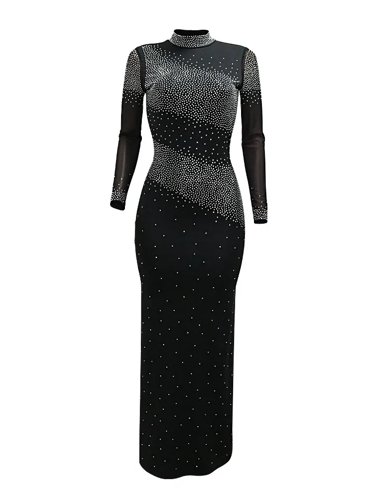 Half High Neck Wrap Hip Dress with Rhinestones