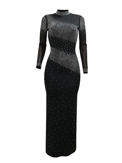 Half High Neck Wrap Hip Dress with Rhinestones