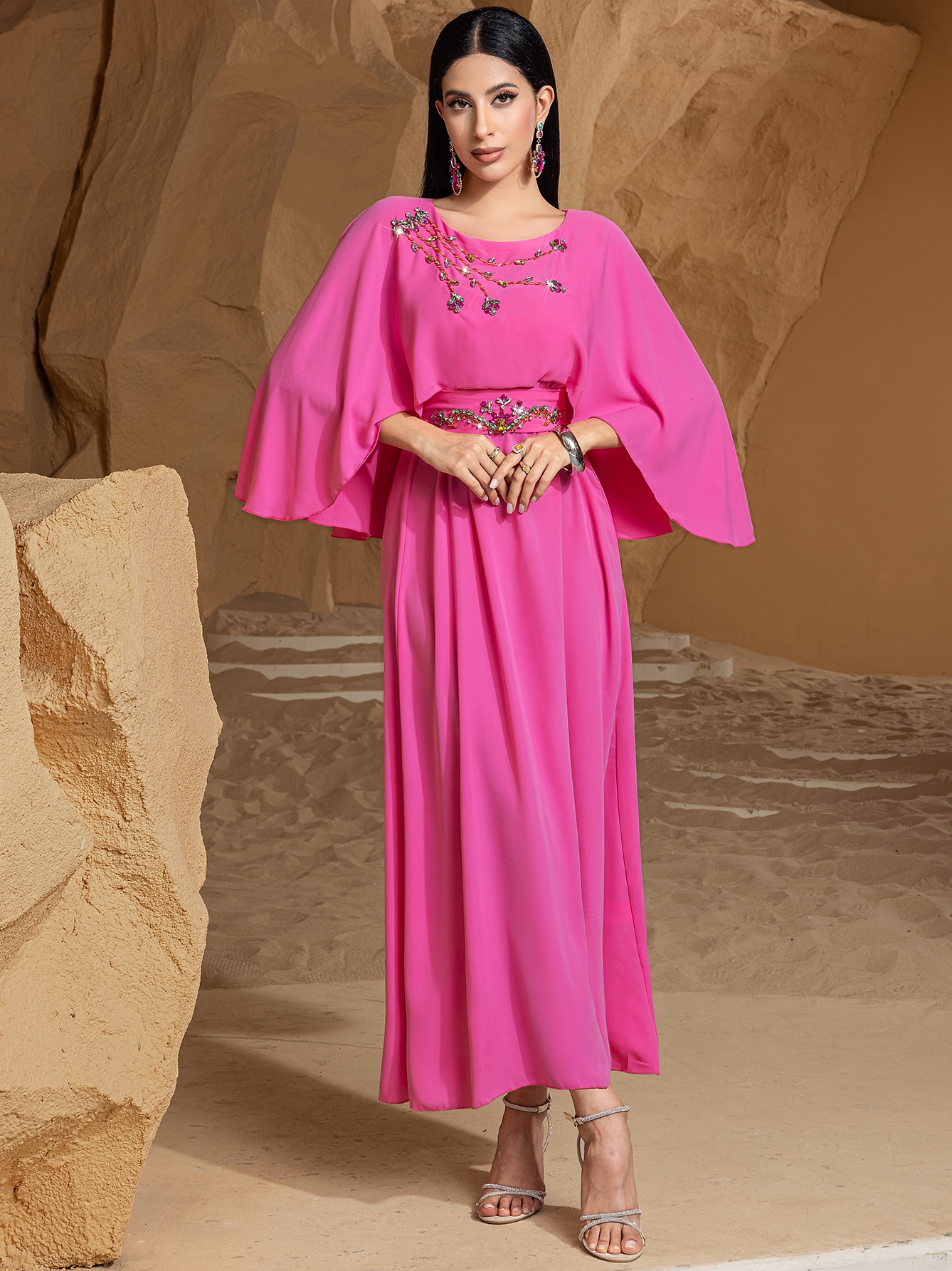Solid Color Cape Beaded Dress
