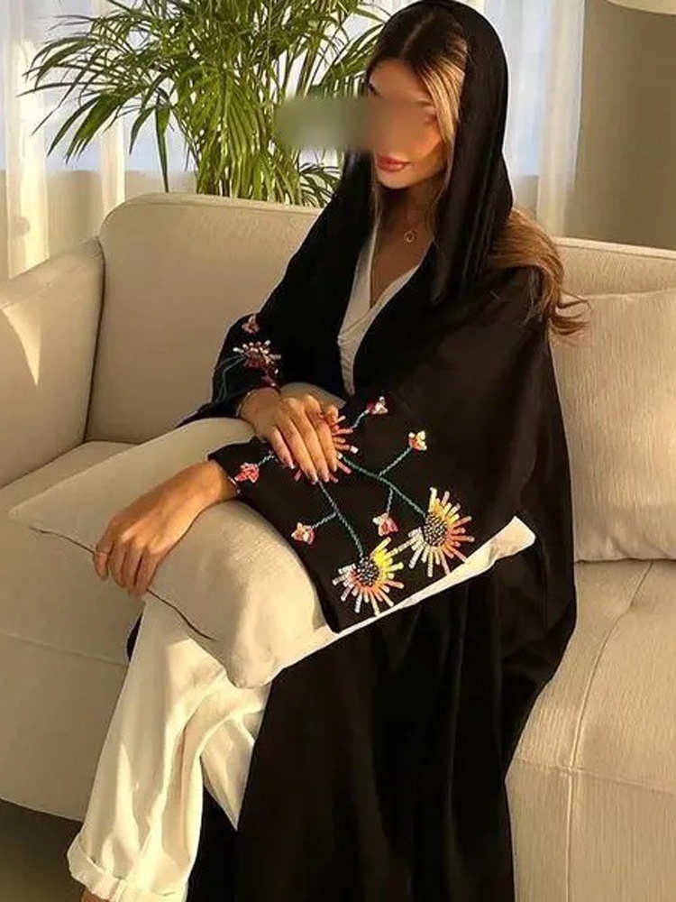 Embroidered Solid Color Bat Sleeve Cardigan Abaya