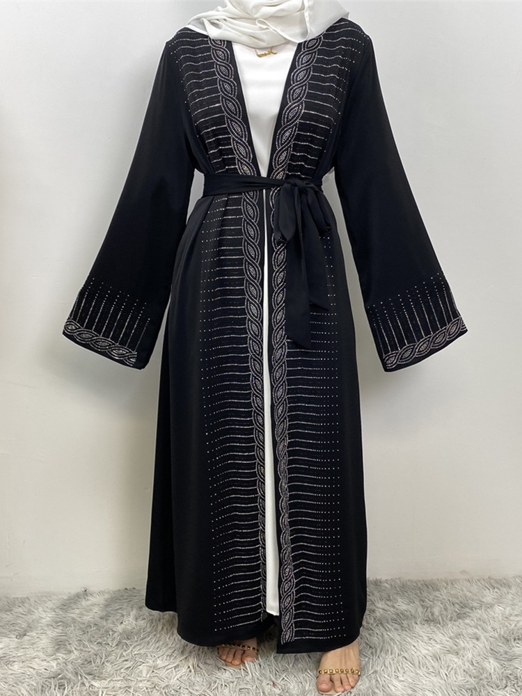 Rhinestone Slim Fit Cardigan with Pockets Casual Abaya