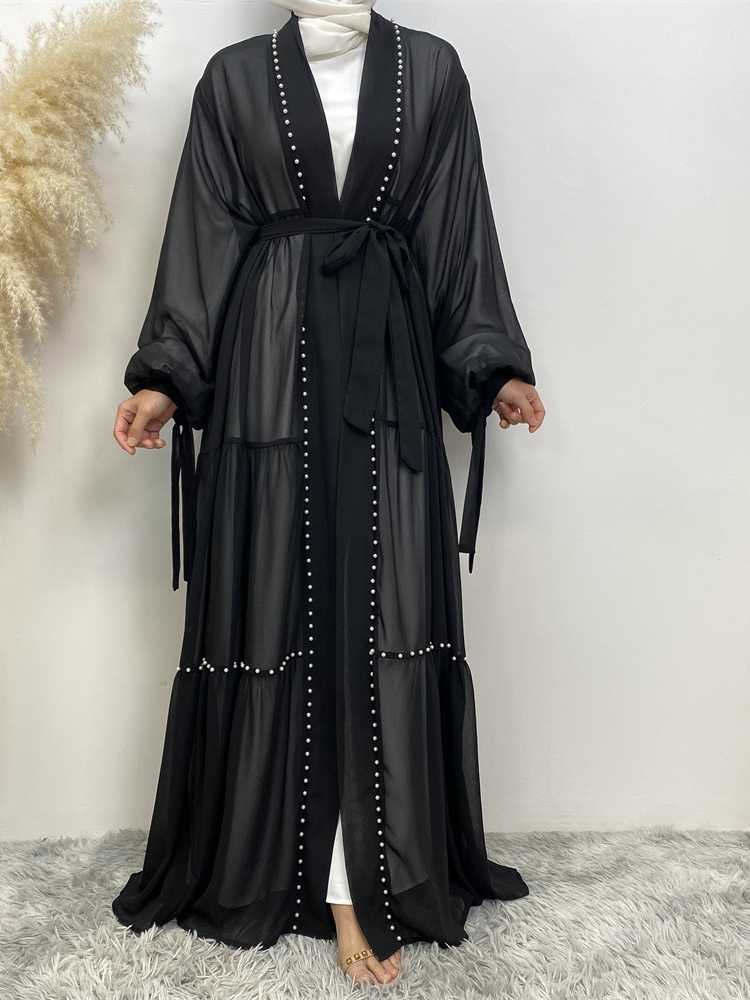 Solid Beaded Tie Chiffon Cardigan Casual Abaya