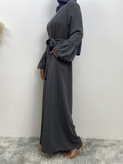 Solid Beaded Tie Cardigan Casual Abaya