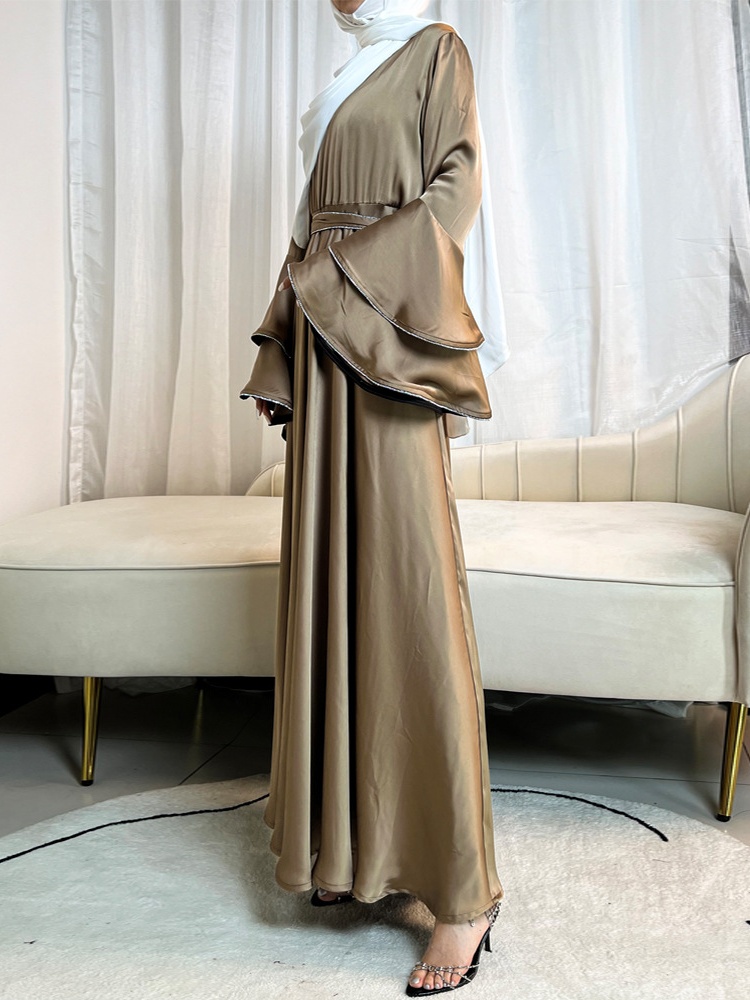 3pcs Drill Stripes Large Flared Sleeve Dress with Belt and Hijab Set