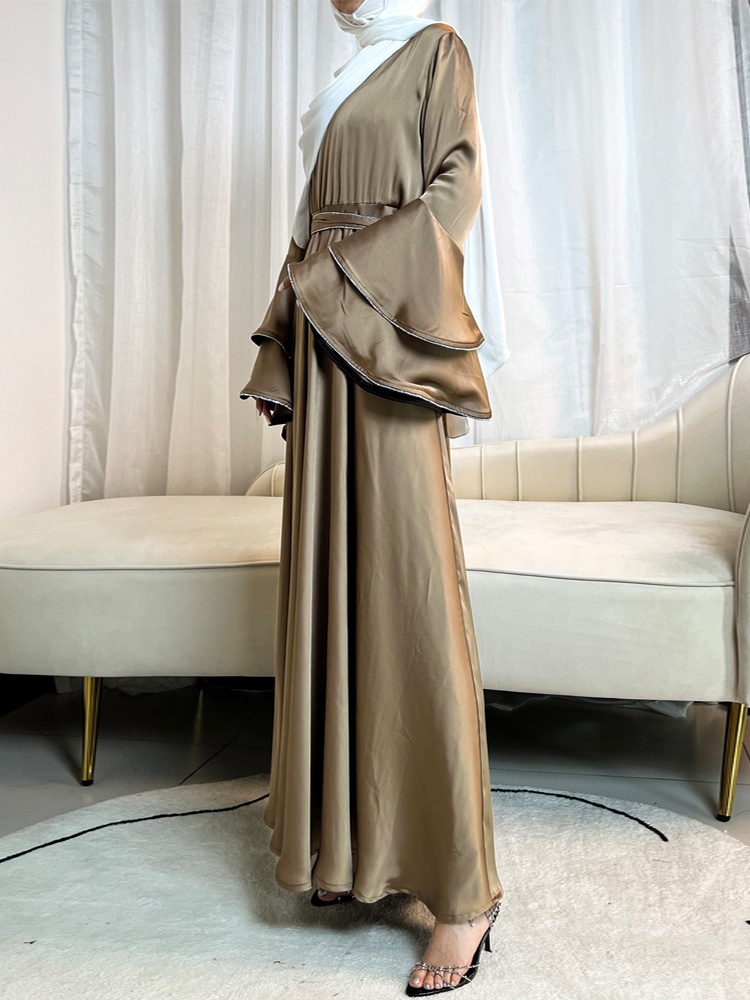 3pcs Drill Stripes Large Flared Sleeve Dress with Belt and Hijab Set