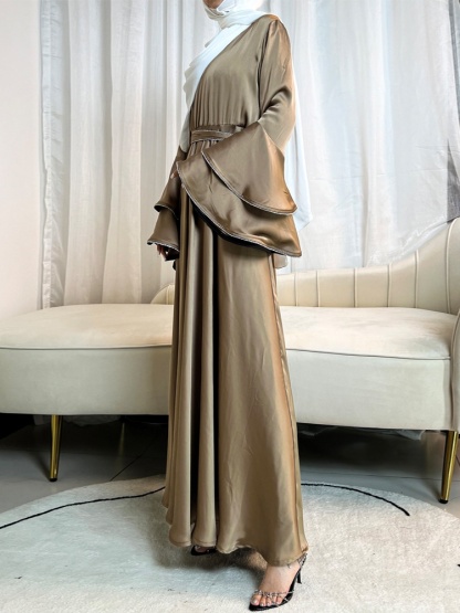 3pcs Drill Stripes Large Flared Sleeve Dress with Belt and Hijab Set