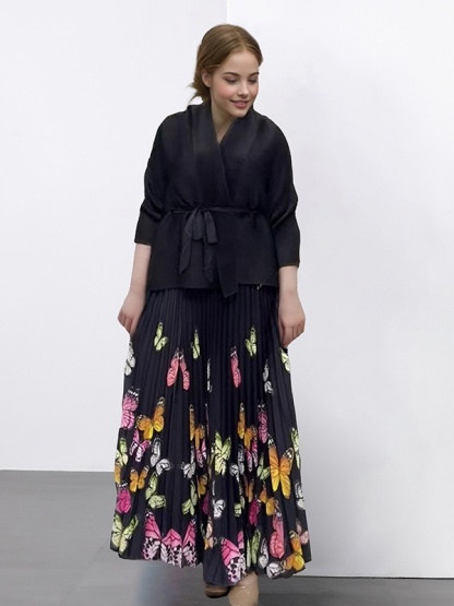 Butterfly Print Floor-Mounting Maxi Skirt Pleated Set