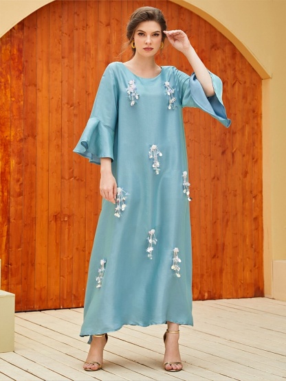 Beaded Ruffle Sleeve Sateen Dress