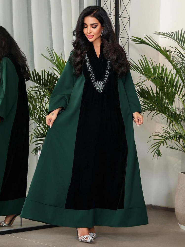 Rhinestone Velvet Patchwork Color Clash Dress