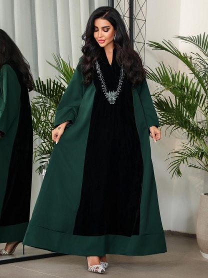 Rhinestone Velvet Patchwork Color Clash Dress