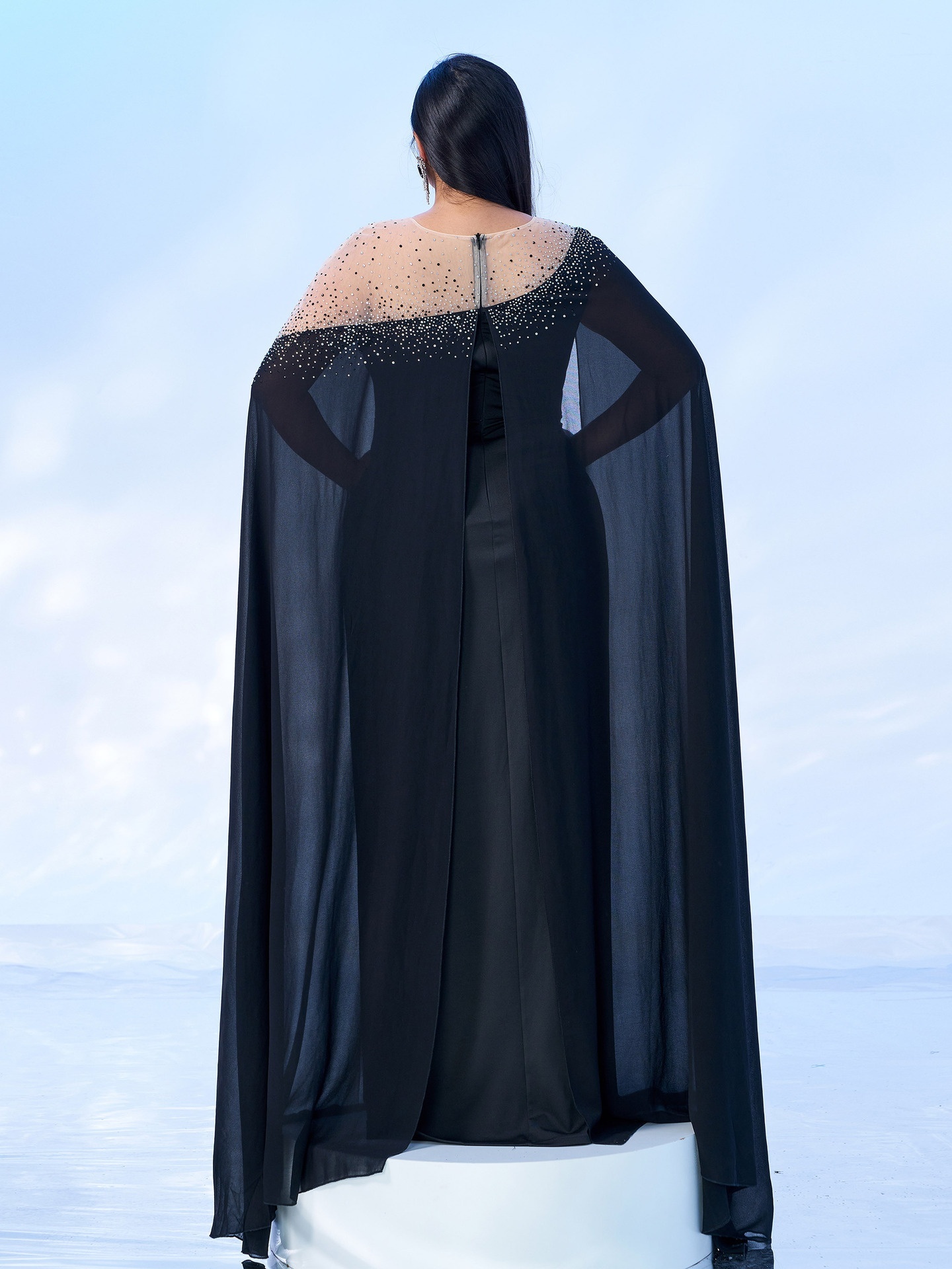 Round Neck Rhinestone Hem Split Dress