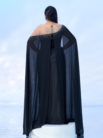 Round Neck Rhinestone Hem Split Dress