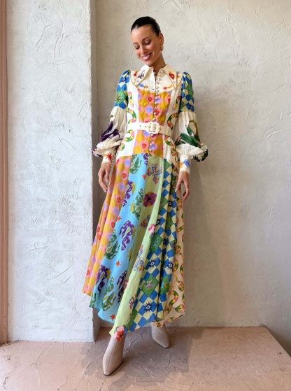 Graffiti Lantern Sleeve Long Irregular Dress