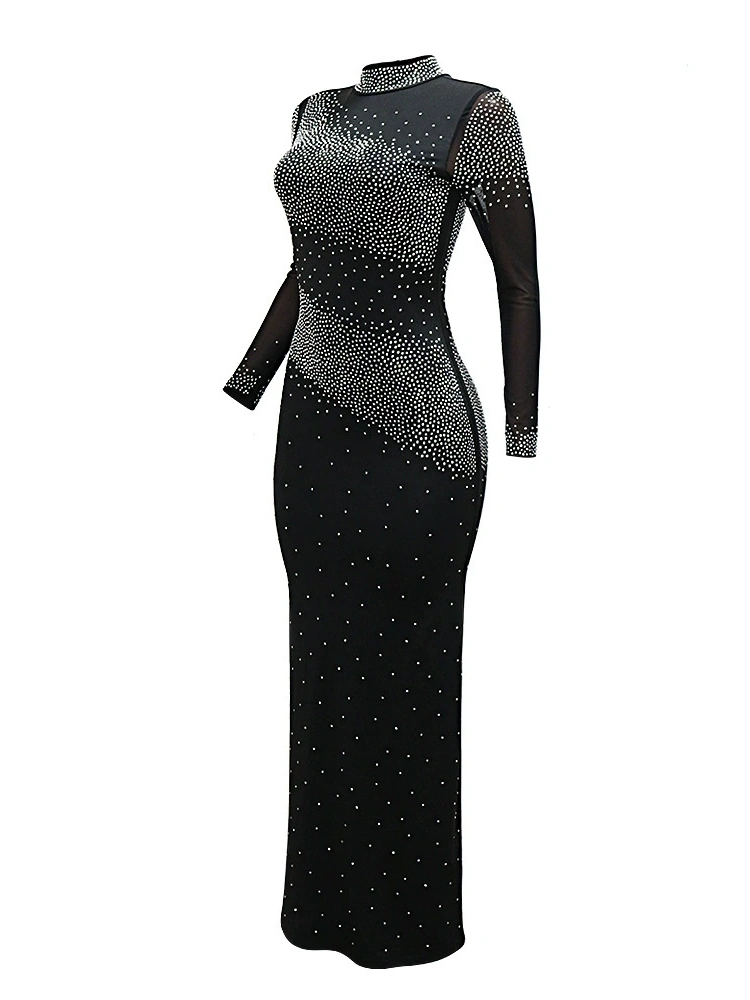 Half High Neck Wrap Hip Dress with Rhinestones