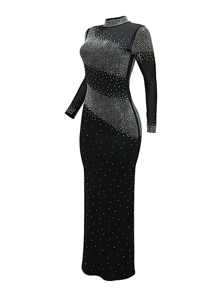 Half High Neck Wrap Hip Dress with Rhinestones