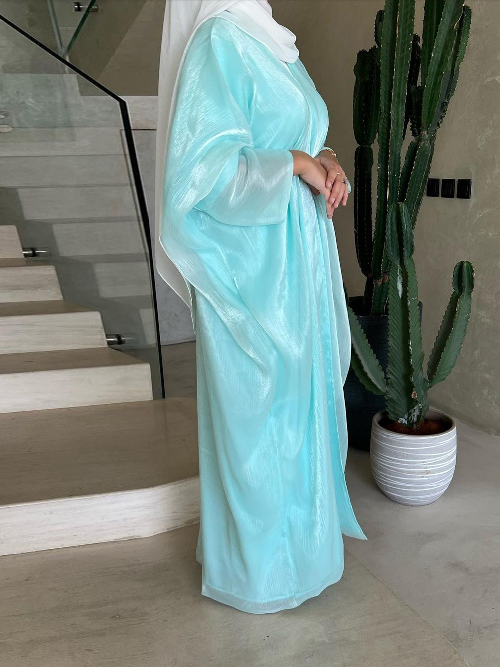 Glitter Solid Color Dubai Cardigan Long Dress