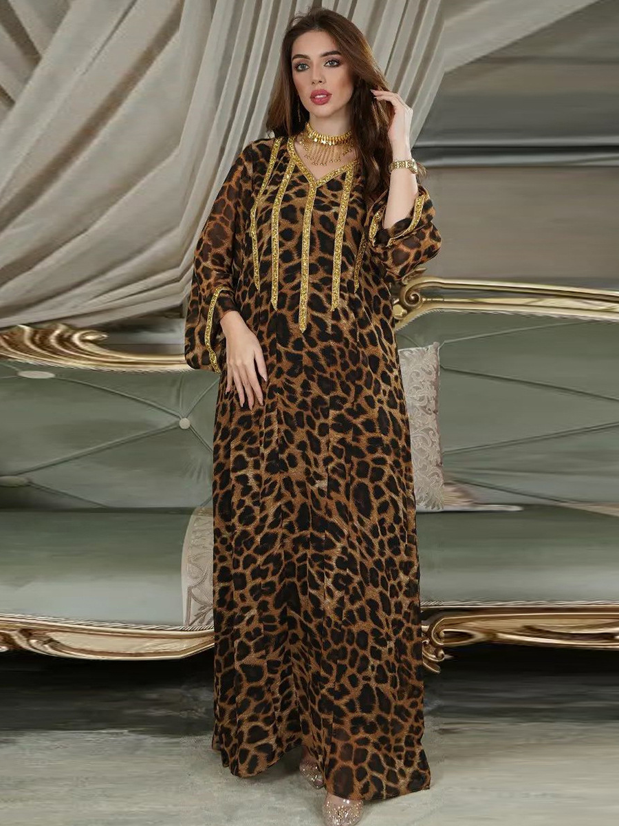 Leopard Print Long Sleeve Sequin Patchwork Dress