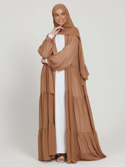 Solid Beaded Tie Chiffon Cardigan Casual Abaya