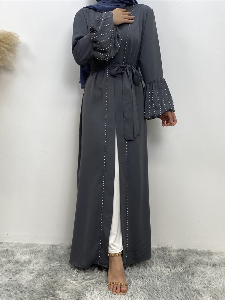 Solid Beaded Tie Cardigan Casual Abaya