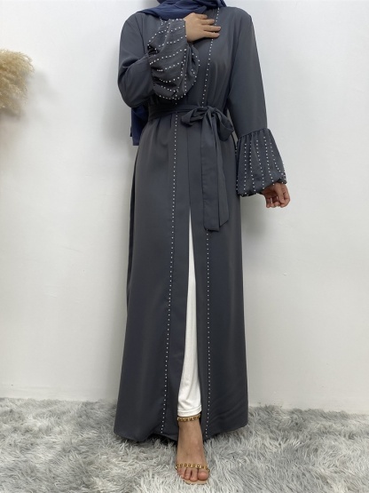 Solid Beaded Tie Cardigan Casual Abaya