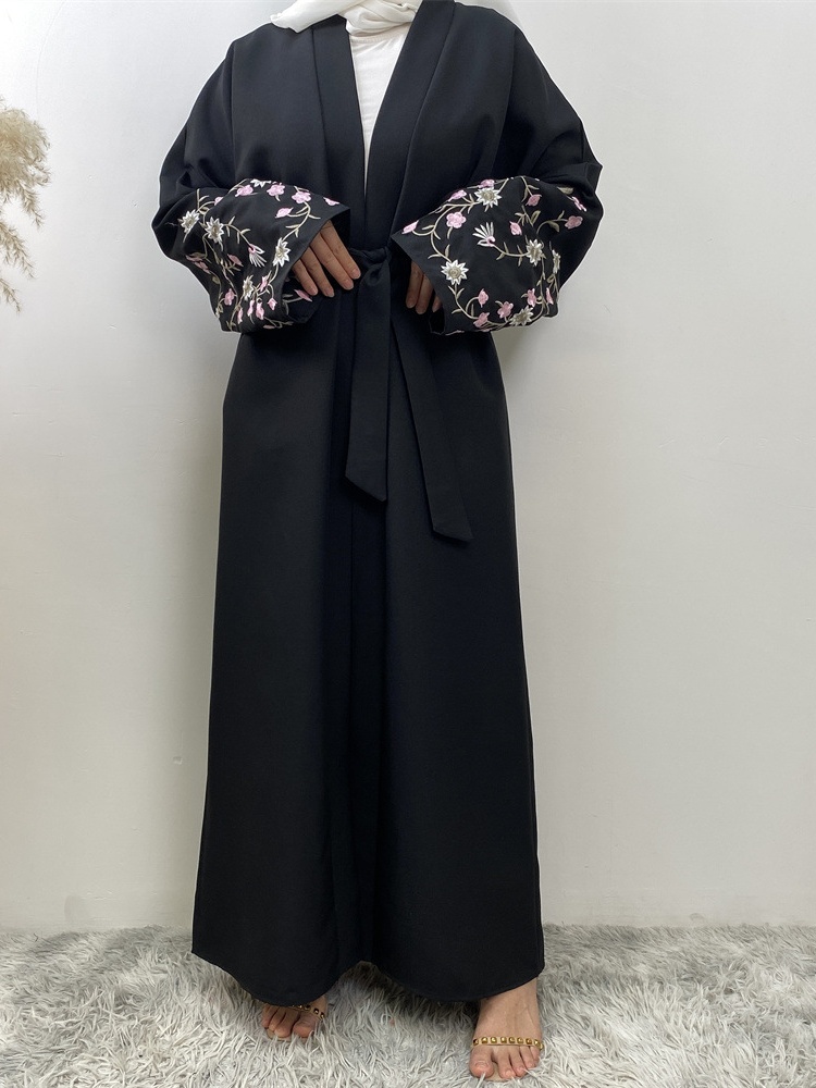 Cotton and Linen Embroidered Lace-Up Cardigan Casual Abaya