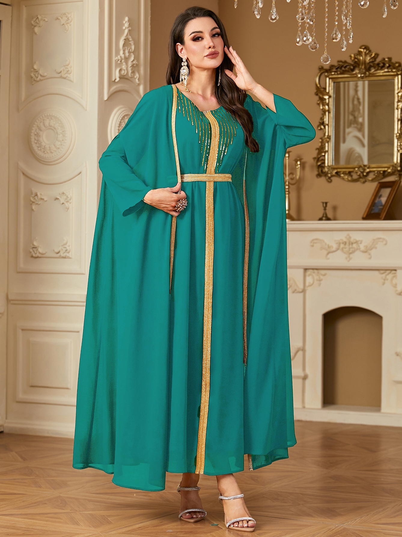 Two Piece Beaded Embroidered Chiffon Dress Set