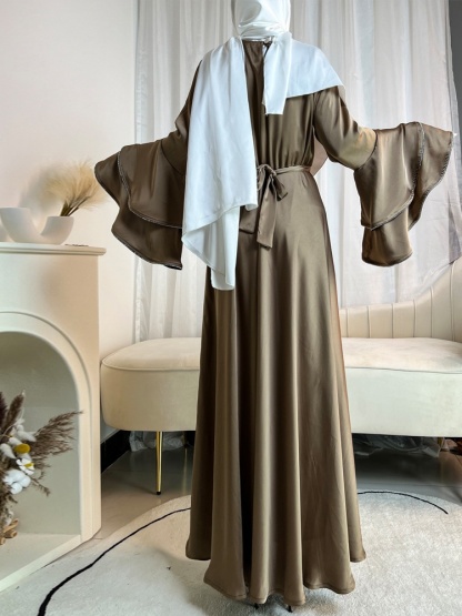 3pcs Drill Stripes Large Flared Sleeve Dress with Belt and Hijab Set