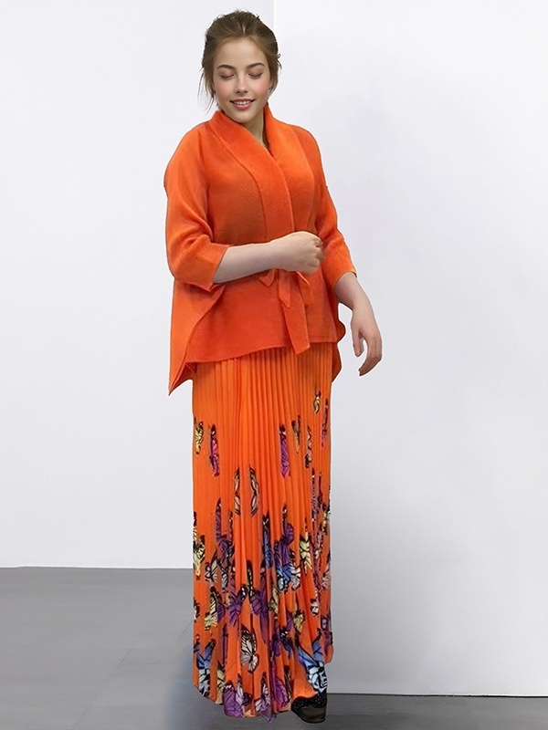 Butterfly Print Floor-Mounting Maxi Skirt Pleated Set
