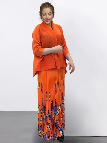 Butterfly Print Floor-Mounting Maxi Skirt Pleated Set