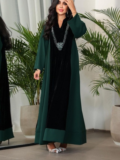 Rhinestone Velvet Patchwork Color Clash Dress