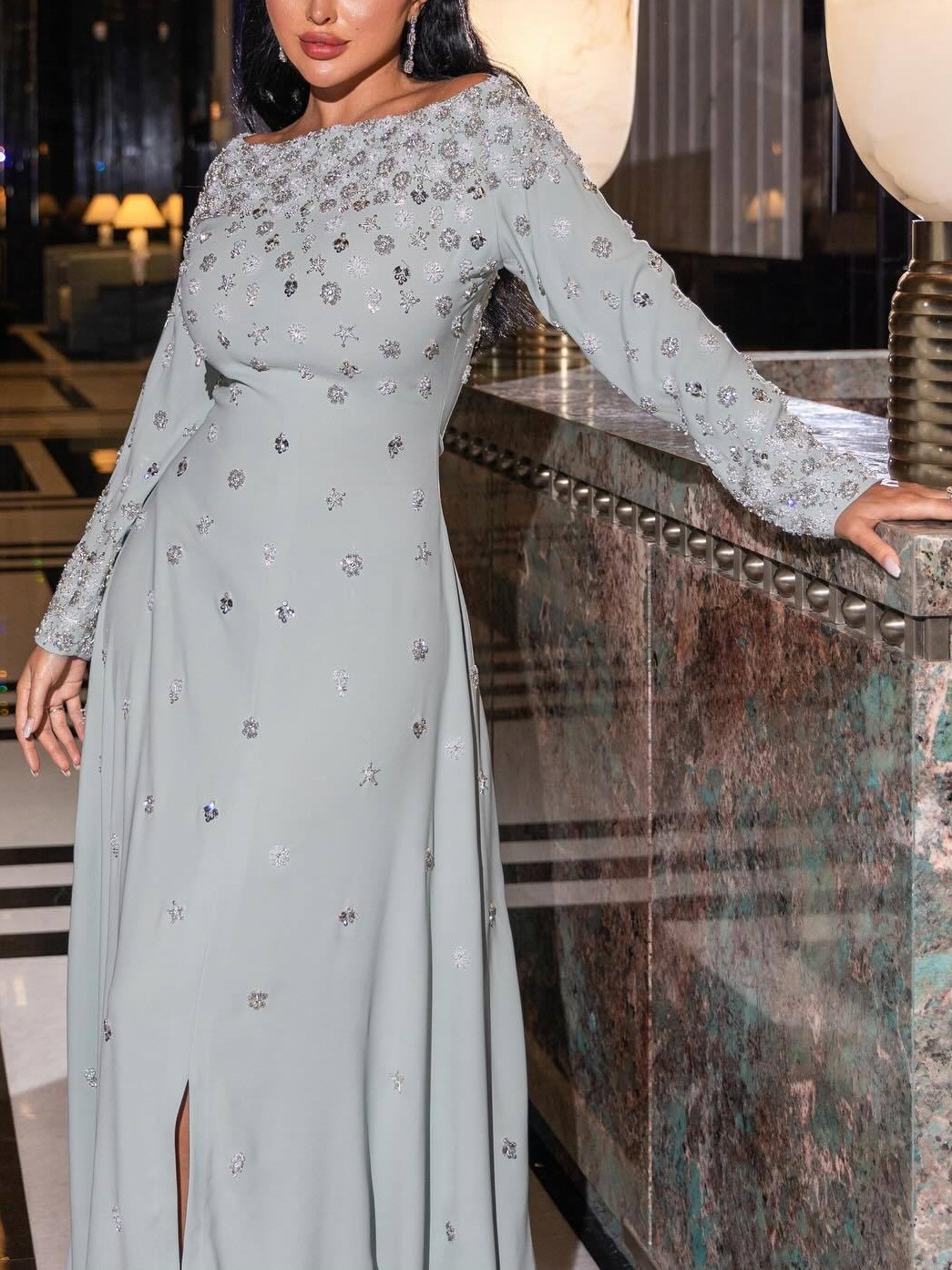 Floral Rhinestone Split Dress