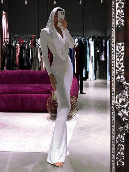 Hooded Swing Neck High Waist Slimming Dress