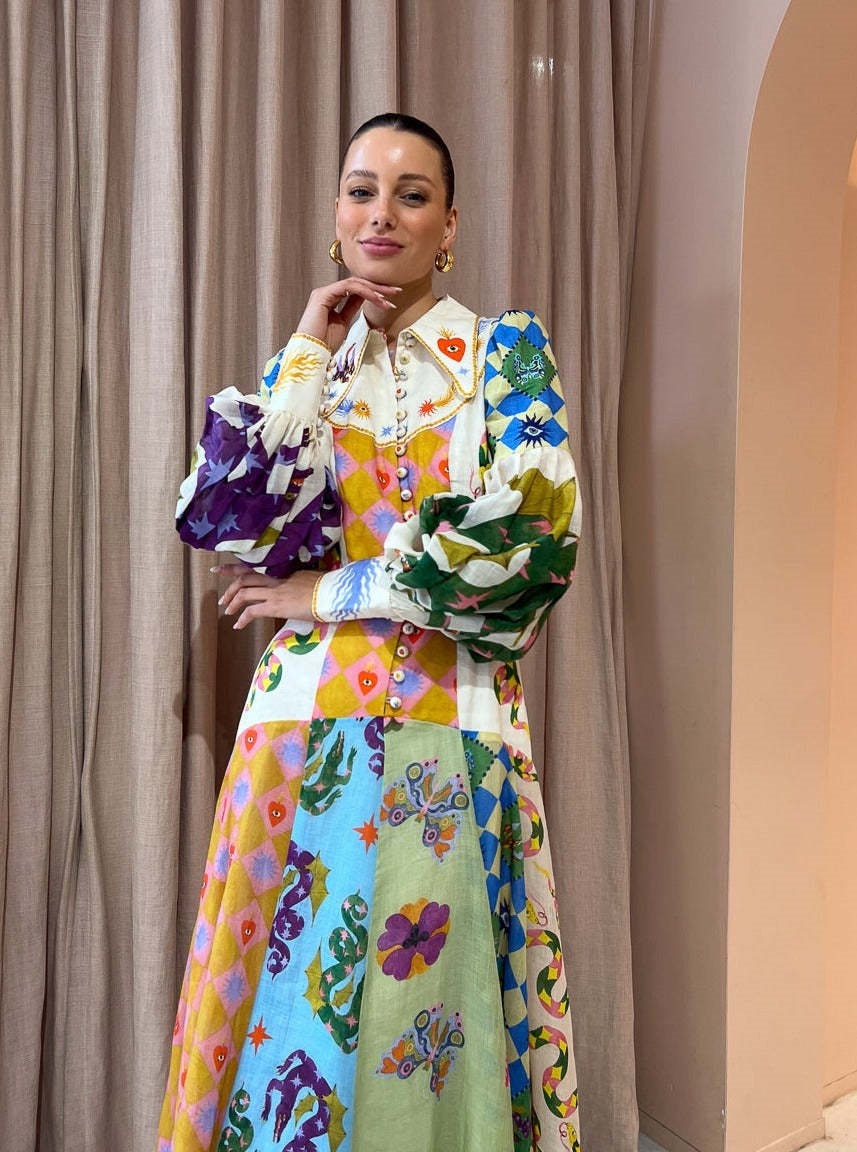 Graffiti Lantern Sleeve Long Irregular Dress