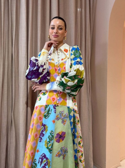 Graffiti Lantern Sleeve Long Irregular Dress