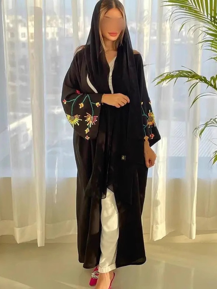 Embroidered Solid Color Bat Sleeve Cardigan Abaya