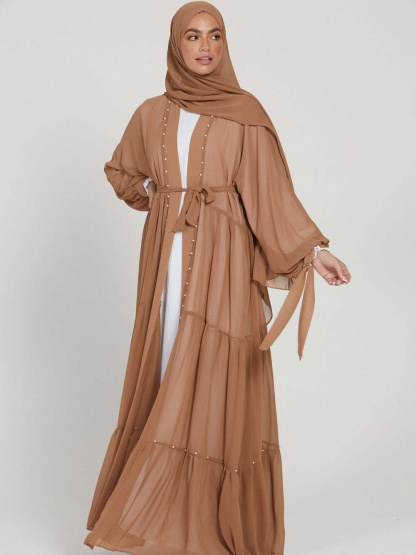 Solid Beaded Tie Chiffon Cardigan Casual Abaya