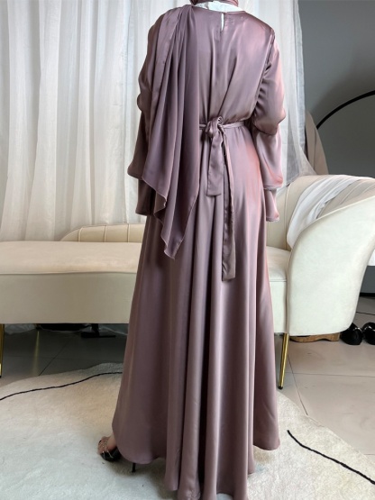 3pcs Drill Stripes Large Flared Sleeve Dress with Belt and Hijab Set