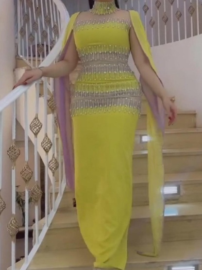 Rhinestone Wrap Bat Sleeve Long Dress