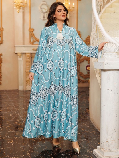 Printed V-Neck Fringe Long Sleeve Dress