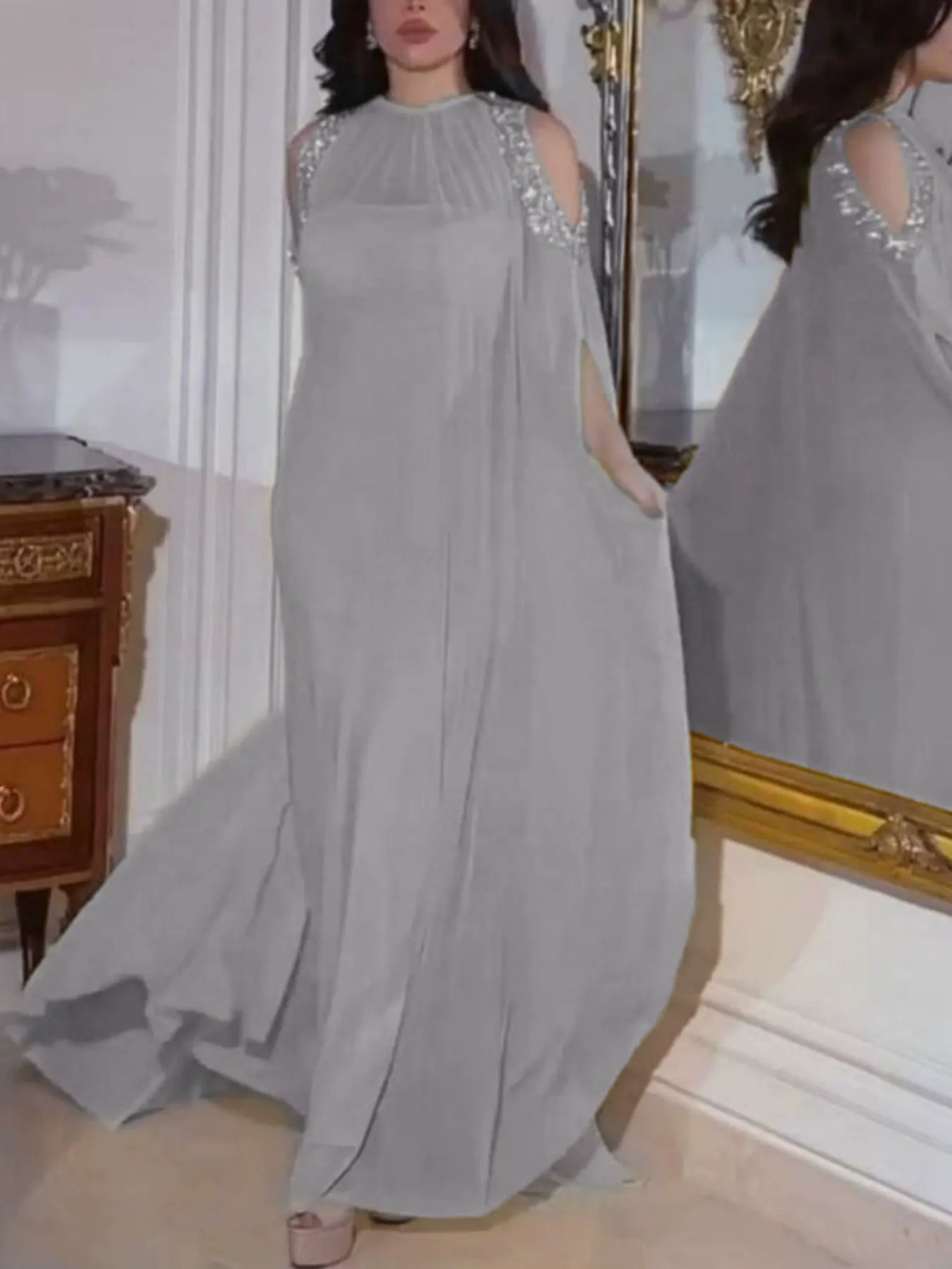 2pcs Sequin Chiffon Strapless Evening Gown and Cape Set