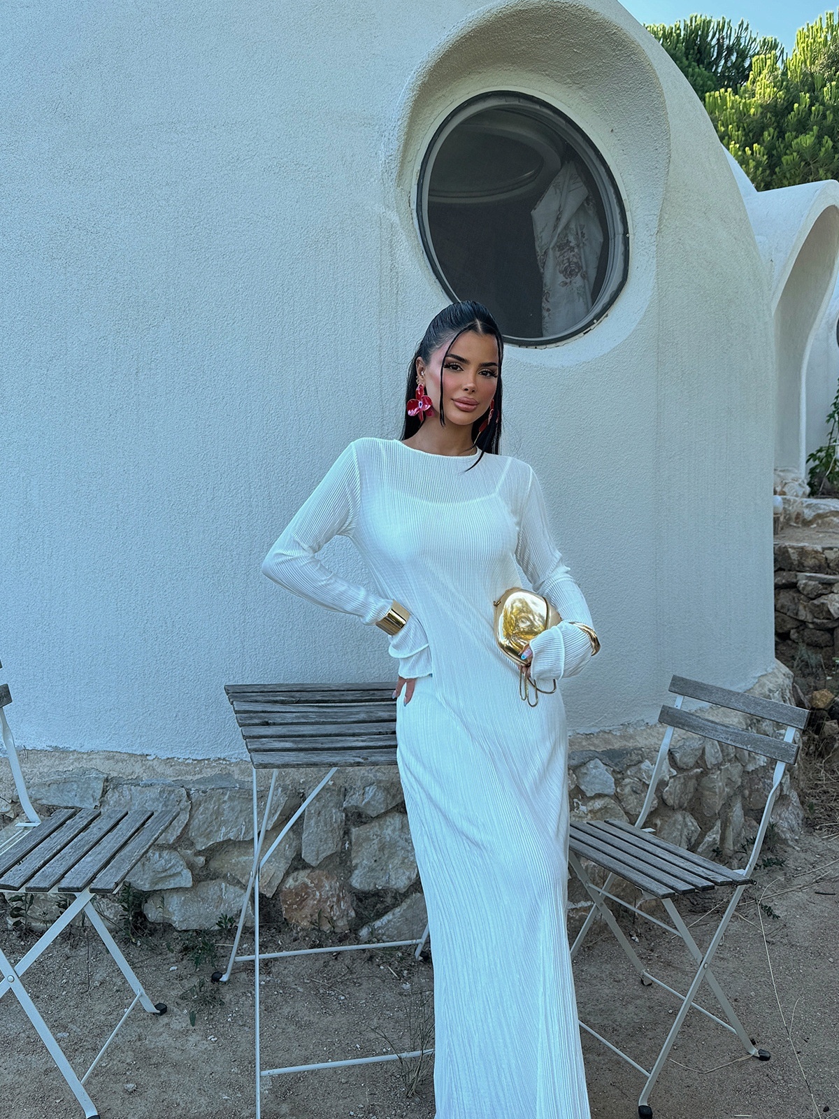 Round Neck Draped Long Sleeve Dress