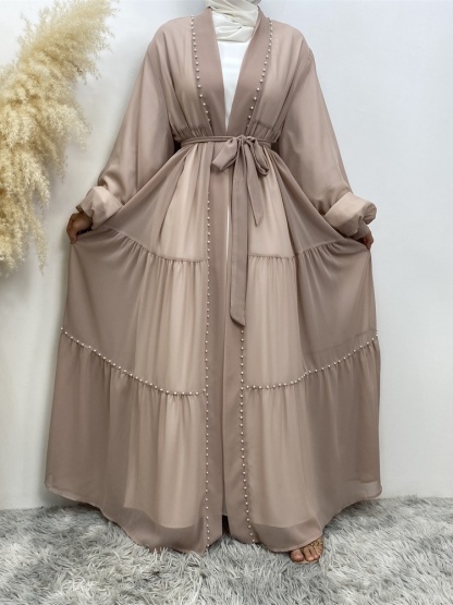 Solid Beaded Tie Chiffon Cardigan Casual Abaya