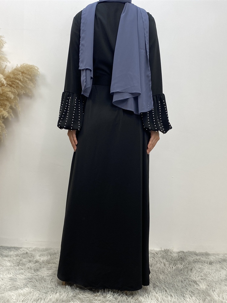 Solid Beaded Tie Cardigan Casual Abaya