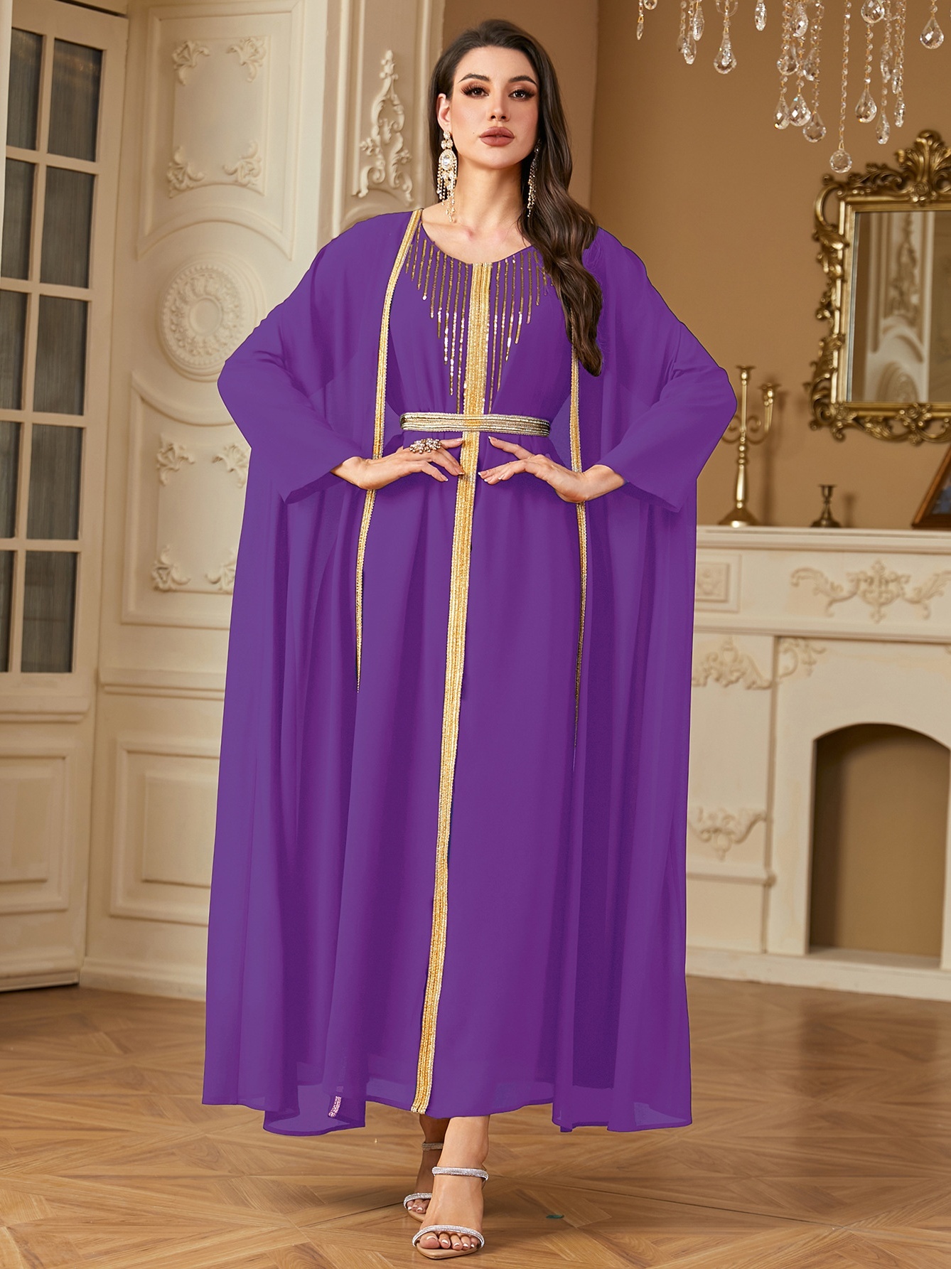Two Piece Beaded Embroidered Chiffon Dress Set