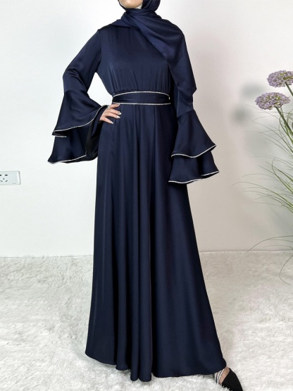 3pcs Drill Stripes Large Flared Sleeve Dress with Belt and Hijab Set