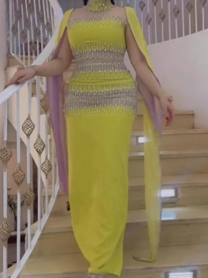 Rhinestone Wrap Bat Sleeve Long Dress