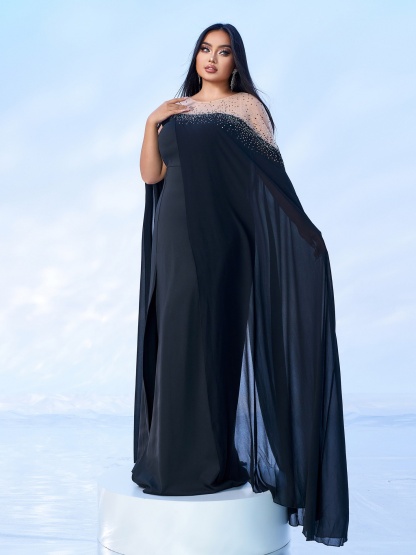 Round Neck Rhinestone Hem Split Dress