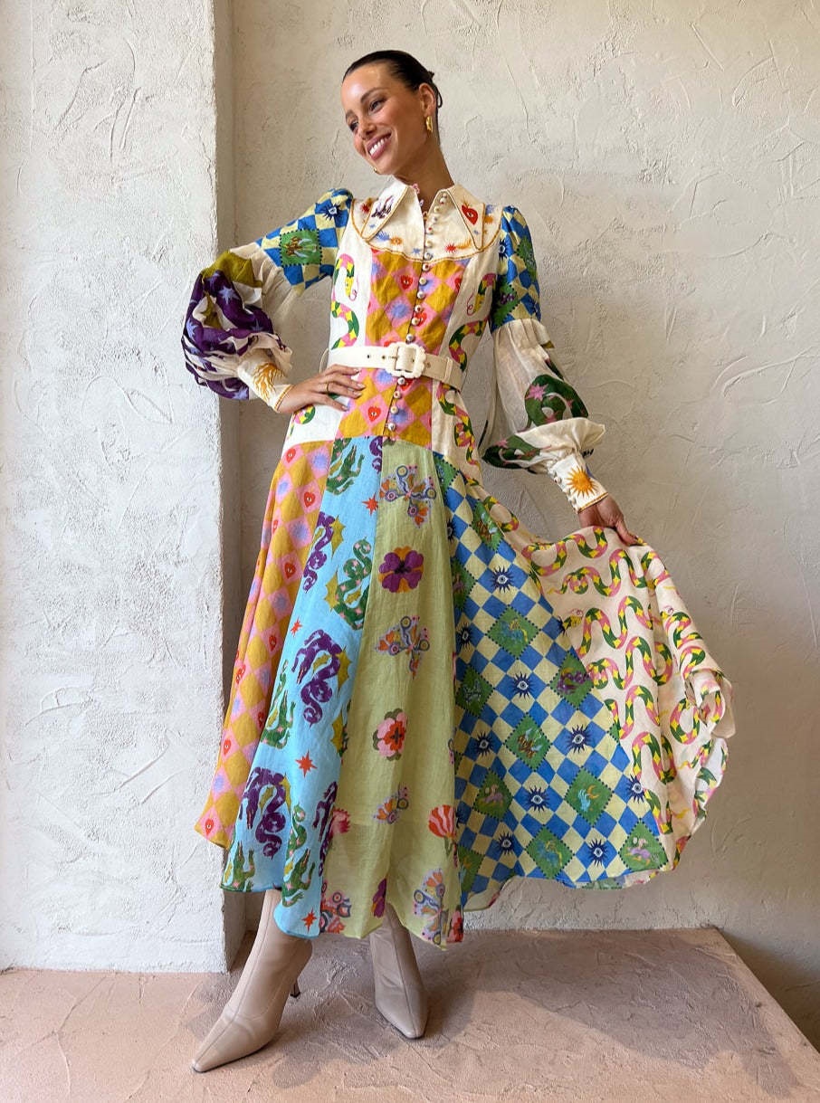Graffiti Lantern Sleeve Long Irregular Dress