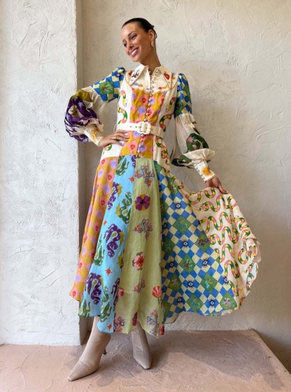 Graffiti Lantern Sleeve Long Irregular Dress