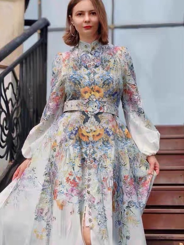 Single Breasted Printed Dress with Belt